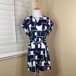 Navy and White Geometric Print Dress